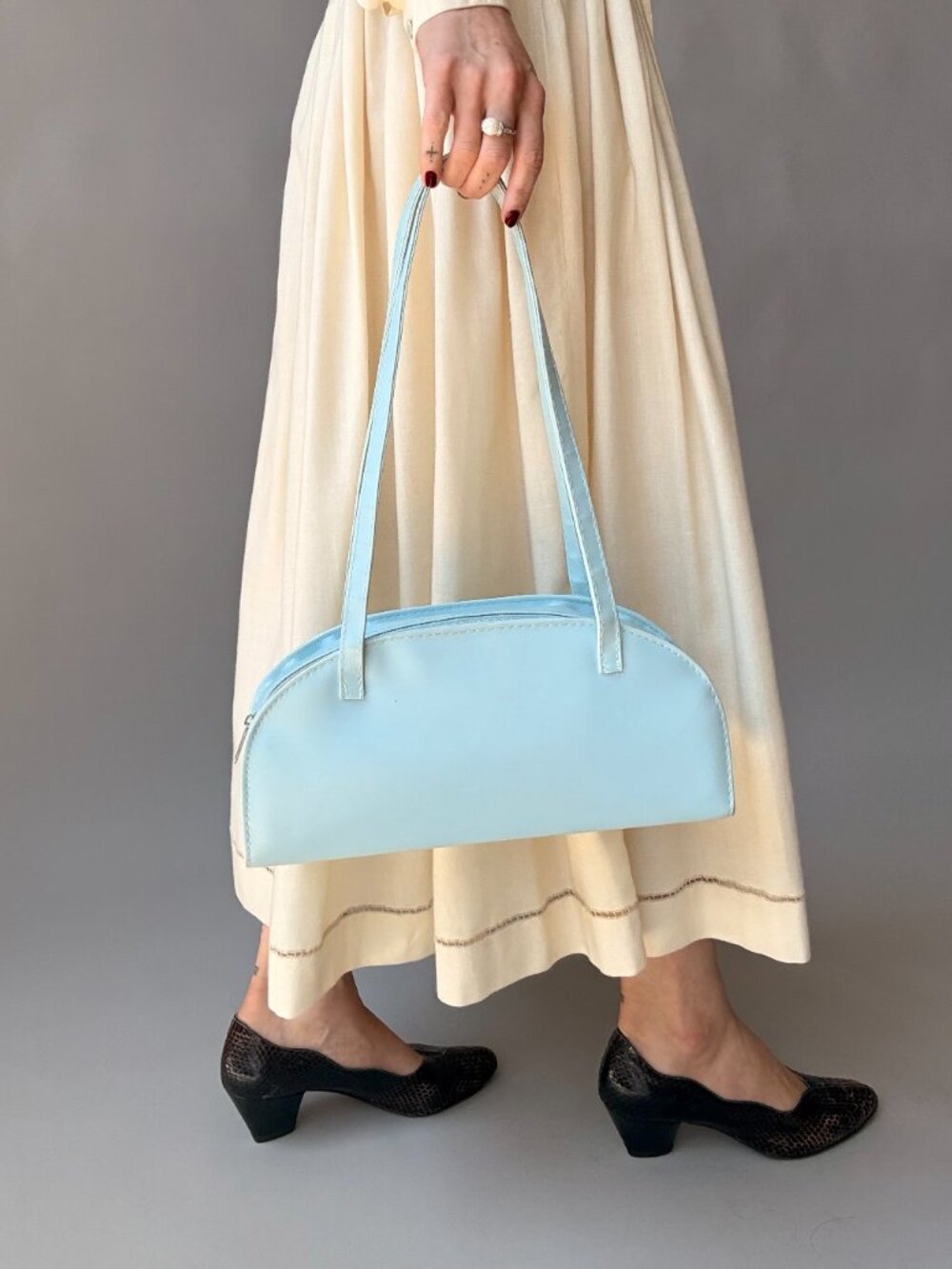 Baby Blue Baguette Bag - Glossy Faux Leather, Structured Shape, Vintage Y2K